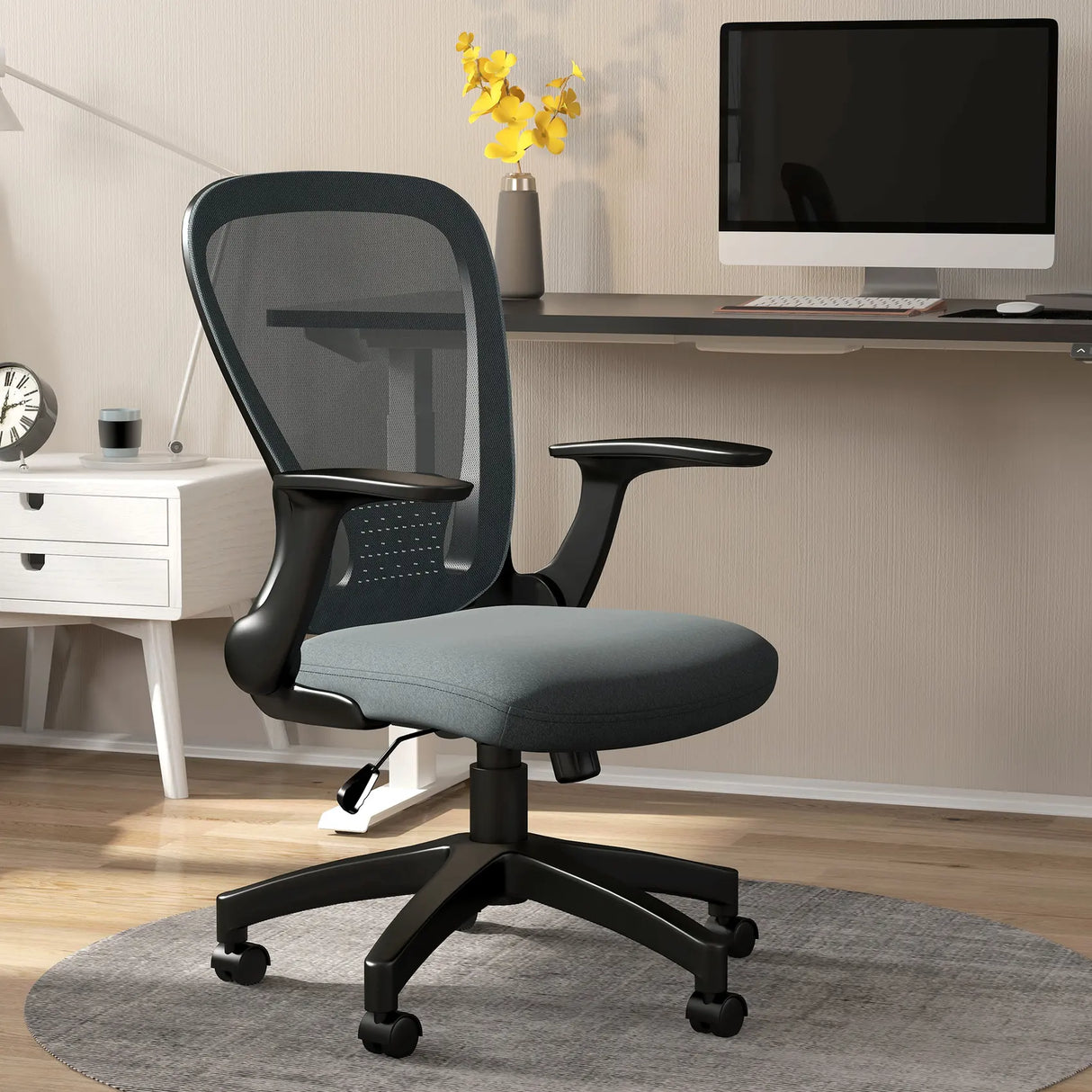 Vinsetto Ergonomic Office Chair, Mesh Desk Chair with Flip-up Armrest, Lumbar Back Support, Swivel Wheels, Grey