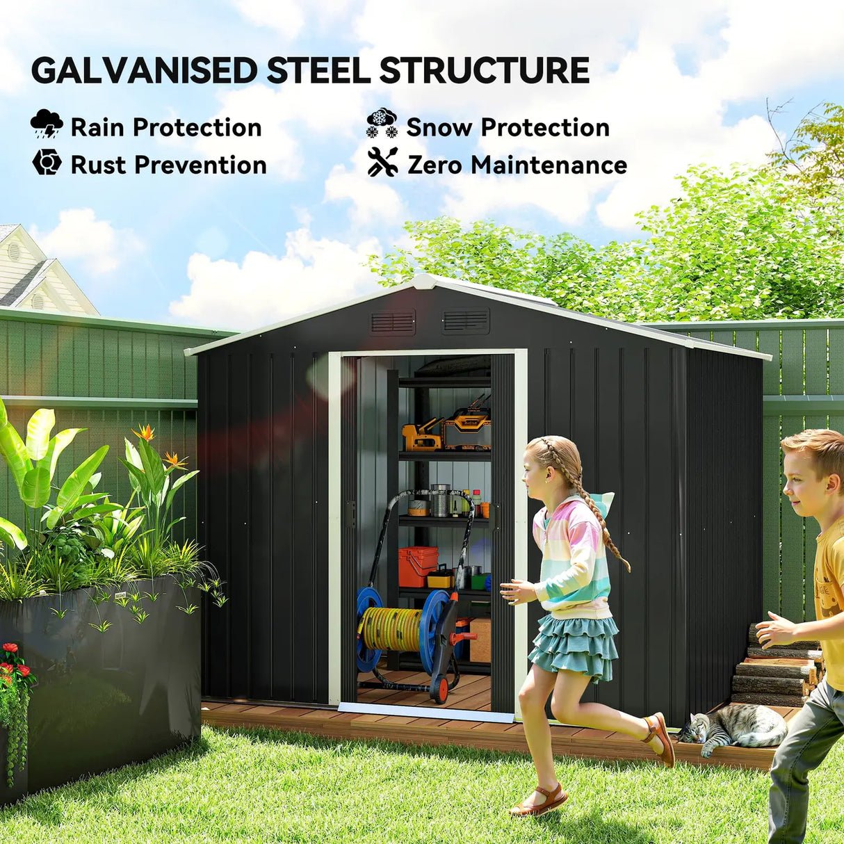 Outsunny 7.7 x 5.7ft Metal Garden Shed, Galvanised Outdoor Tool Storage House with Ventilation Slots and Sliding Doors, Grey