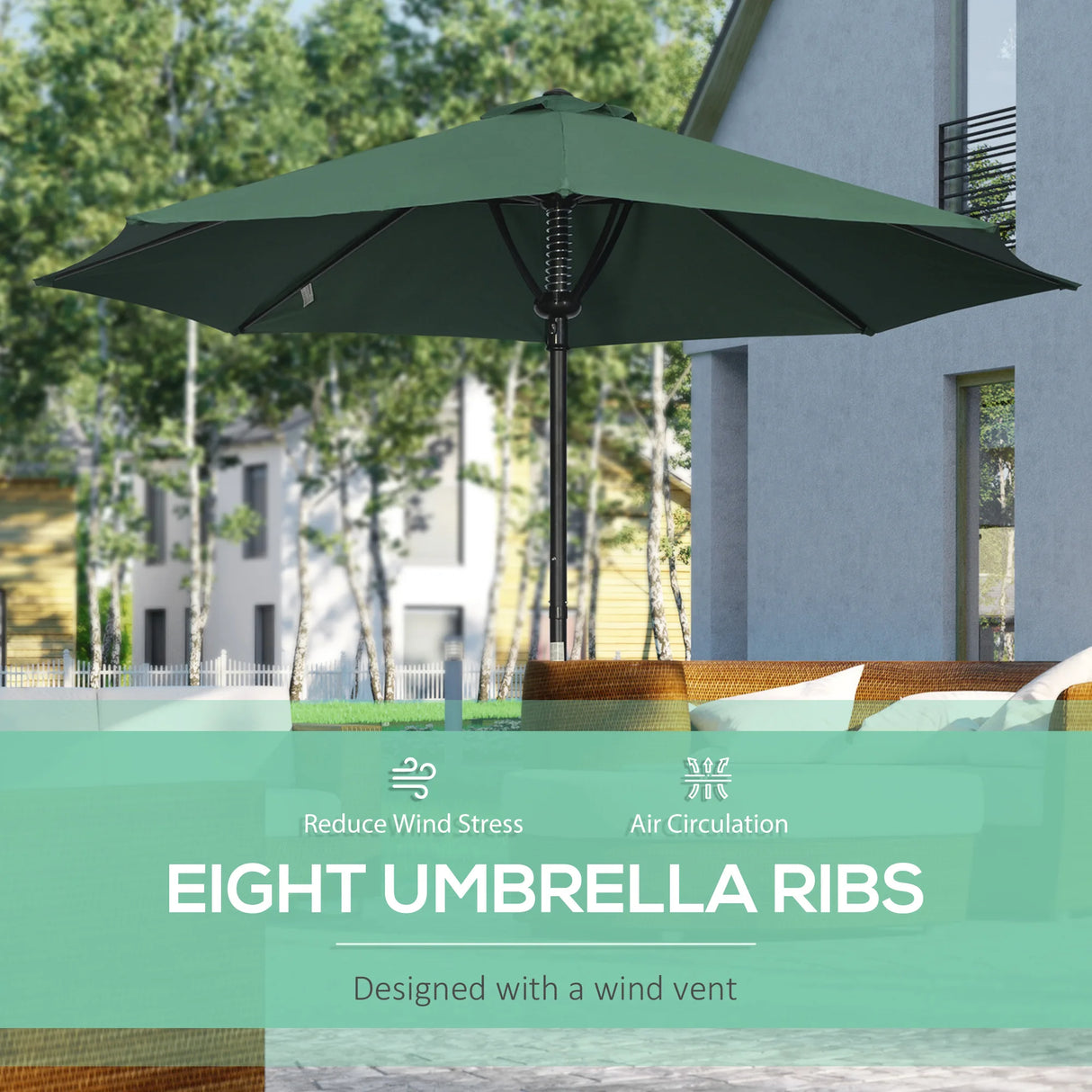 Outsunny Garden 3 m Parasol Umbrella, Outdoor Market Table Umbrella Sun Shade Canopy with 8 Ribs, Easy Push to Open, Green