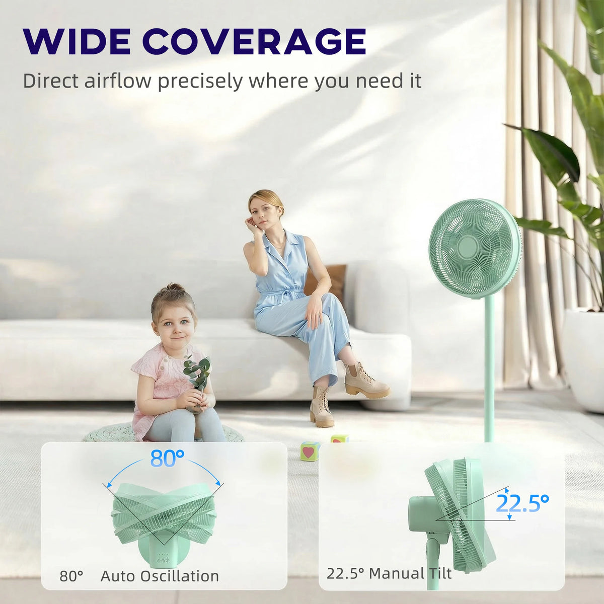 HOMCOM 40 cm Standing Fan, Cooling Floor Fan with 80 Oscillating, Adjustable Tilt and Height, 4 Speed, Remote Control, Green