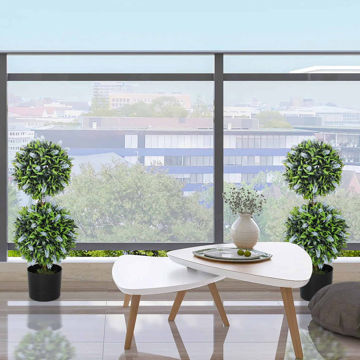 HOMCOM Set of 2 Decorative Artificial Plants Ball Trees with Lavender Flowers in Pot Fake Plants for Home Indoor Outdoor Decor, 70cm, Blue