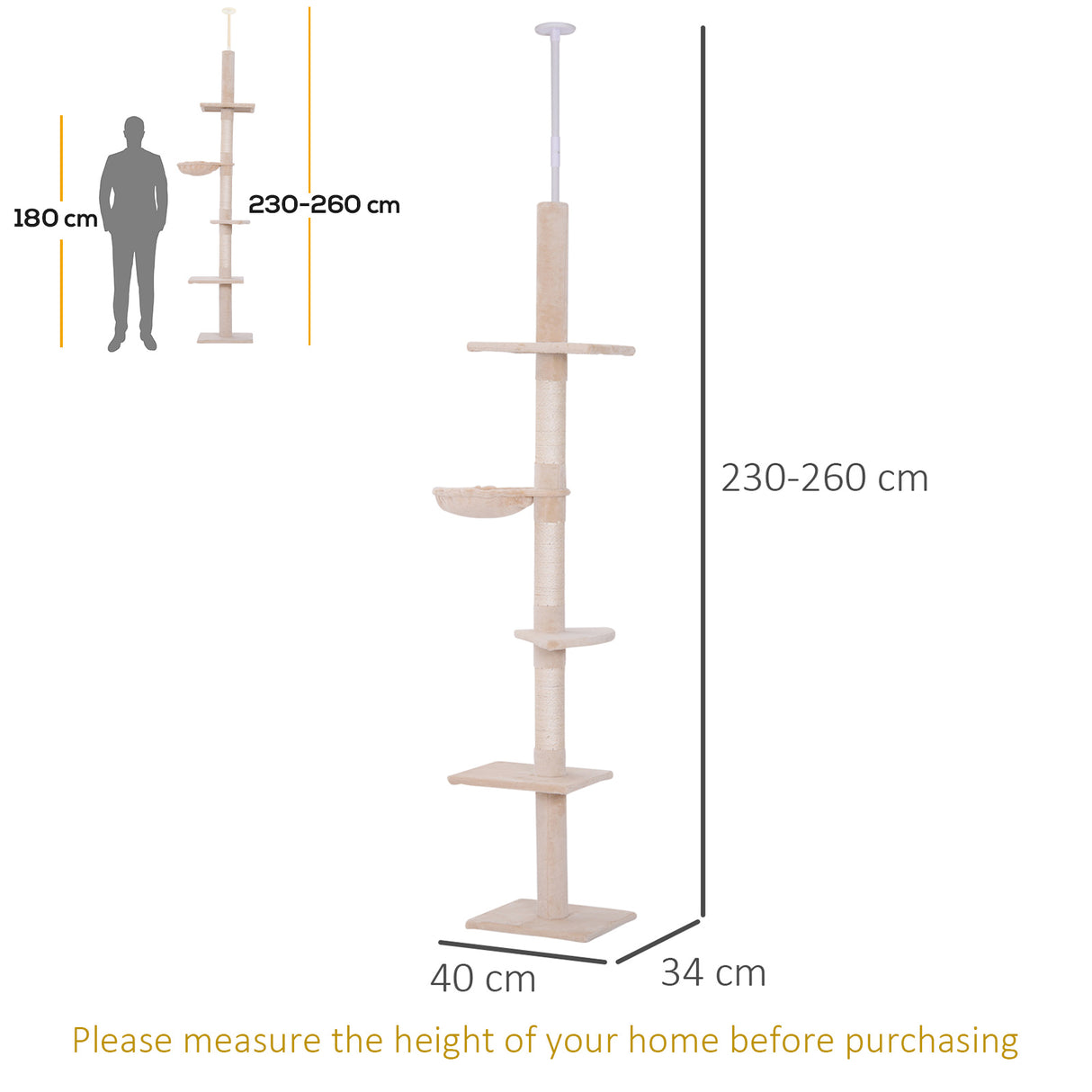 PawHut Floor to Ceiling Cat Tree Height Adjustable 230-260cm, 5-Tier Cat Tower with Scratching Post, Hammock, Perches, Climbing Activity Centre for Indoor Kittens, Beige