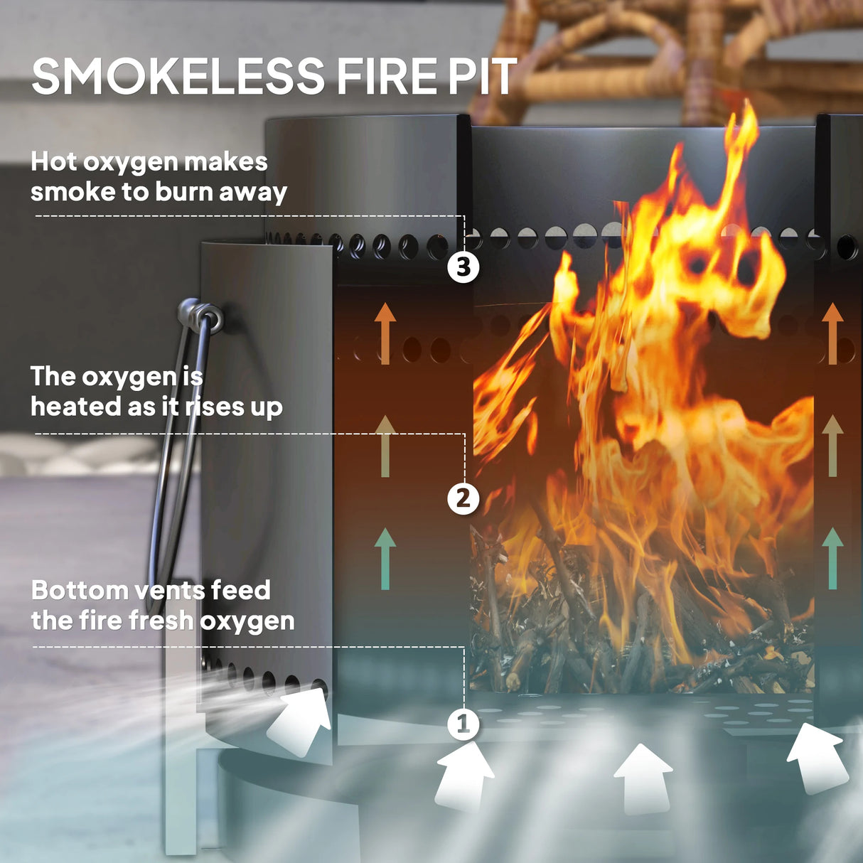 Outsunny Smokeless Fire Pit with Ash Catcher, 37cm Portable Wood Burning Firepit with Poker for Garden Camping Bonfire Party, Metal, Dark Grey