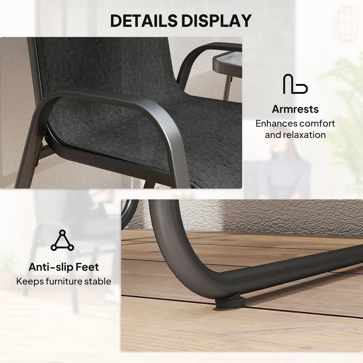 Outsunny 3 Pieces Outdoor Bistro Set, Patio Stackable Armchairs with Breathable Mesh Fabric and SPC Board Coffee Table, Black