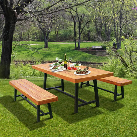 Outsunny Garden 3 Pieces Acacia Wood Picnic Table and 2 Benches Set Dining Trestle Beer Table Patio Outdoor Indoor Furniture