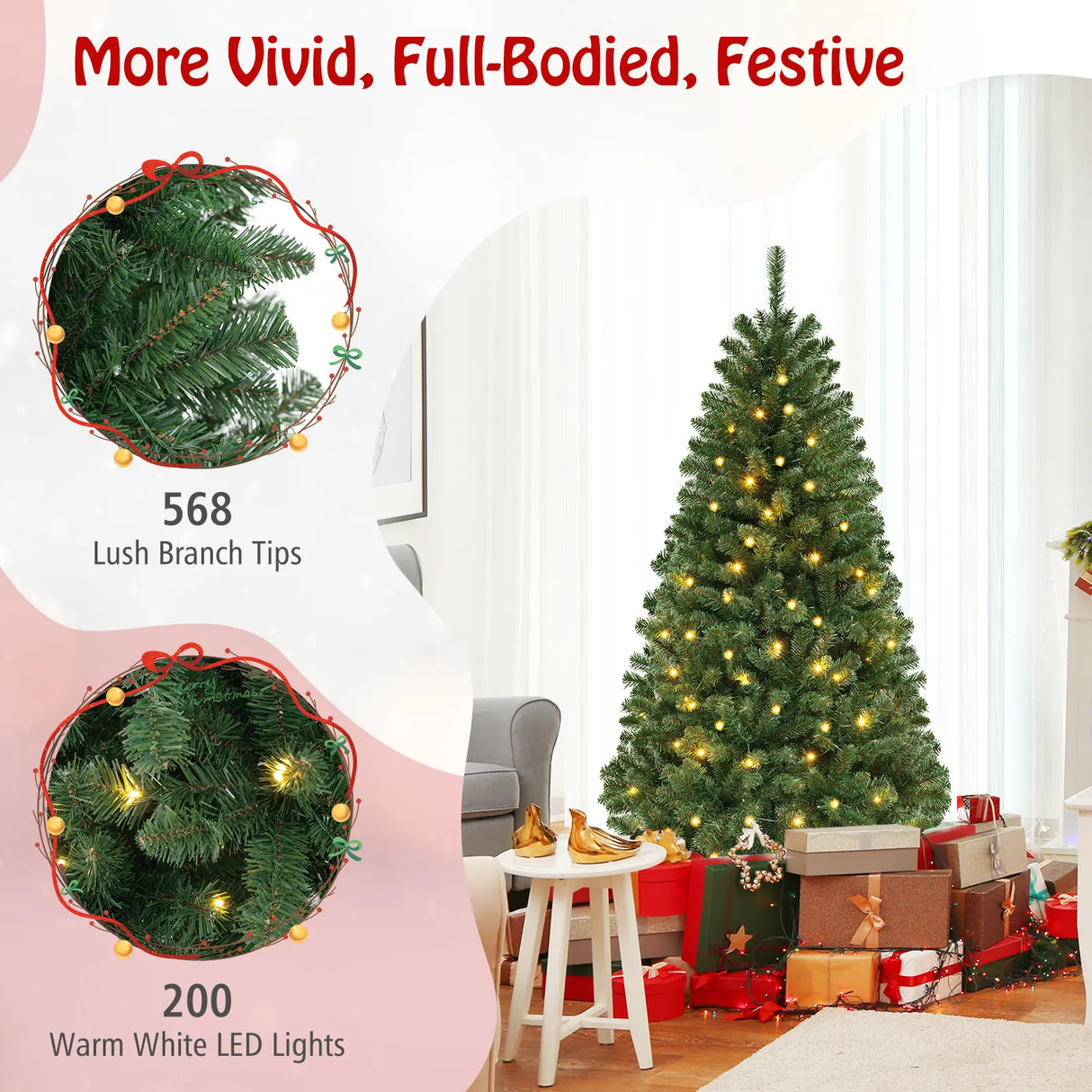 135 cm Hinged Pre-Lit Artificial Christmas Tree with 160 Warm White LED Lights-180 cm