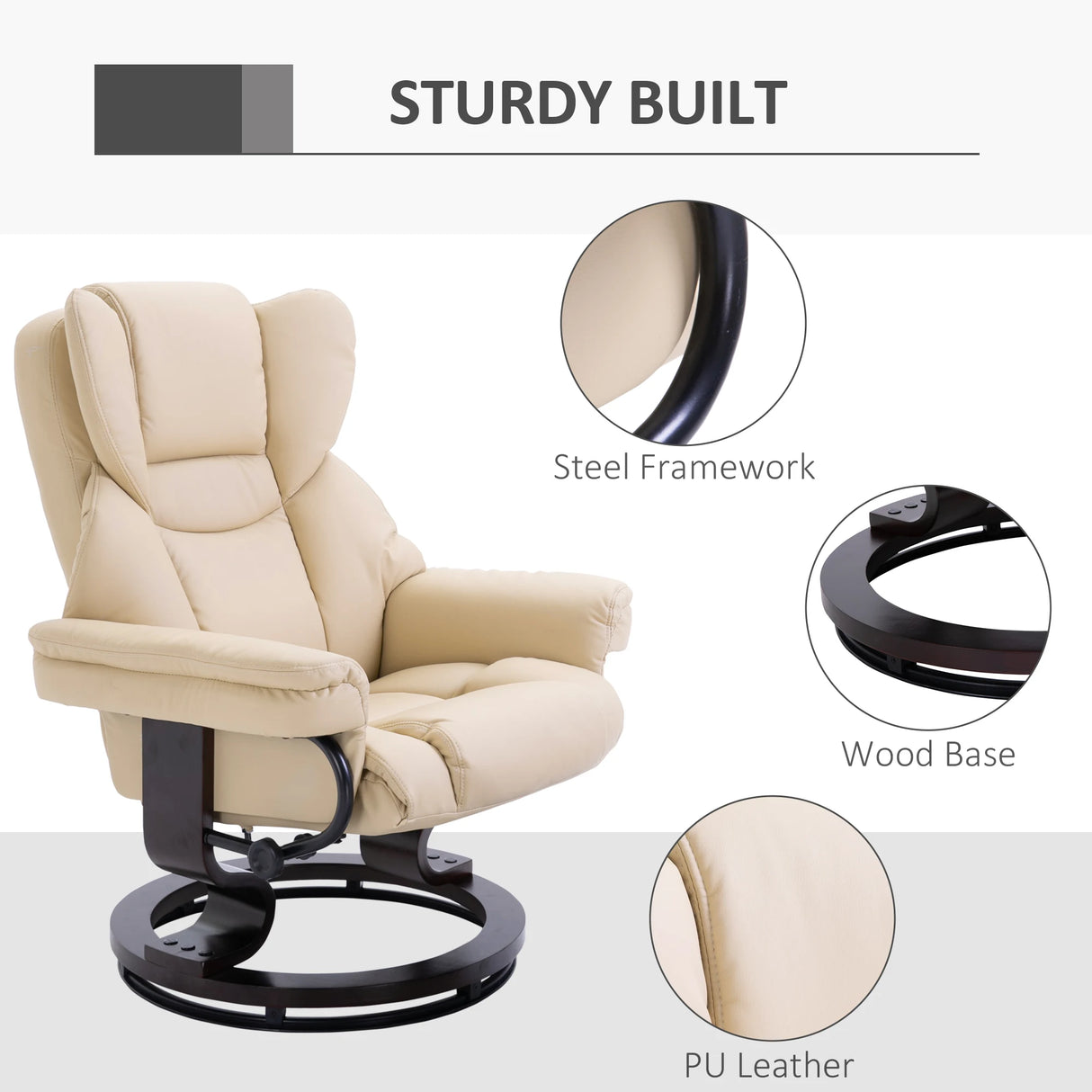 HOMCOM 360 Swivel Recliner Chair with Footstool, PU Leather Manual Recliner Armchair with Footstool, Solid Wood Base, Upholstered Reclining Chair for Living Room, Bedroom, Office, Cream