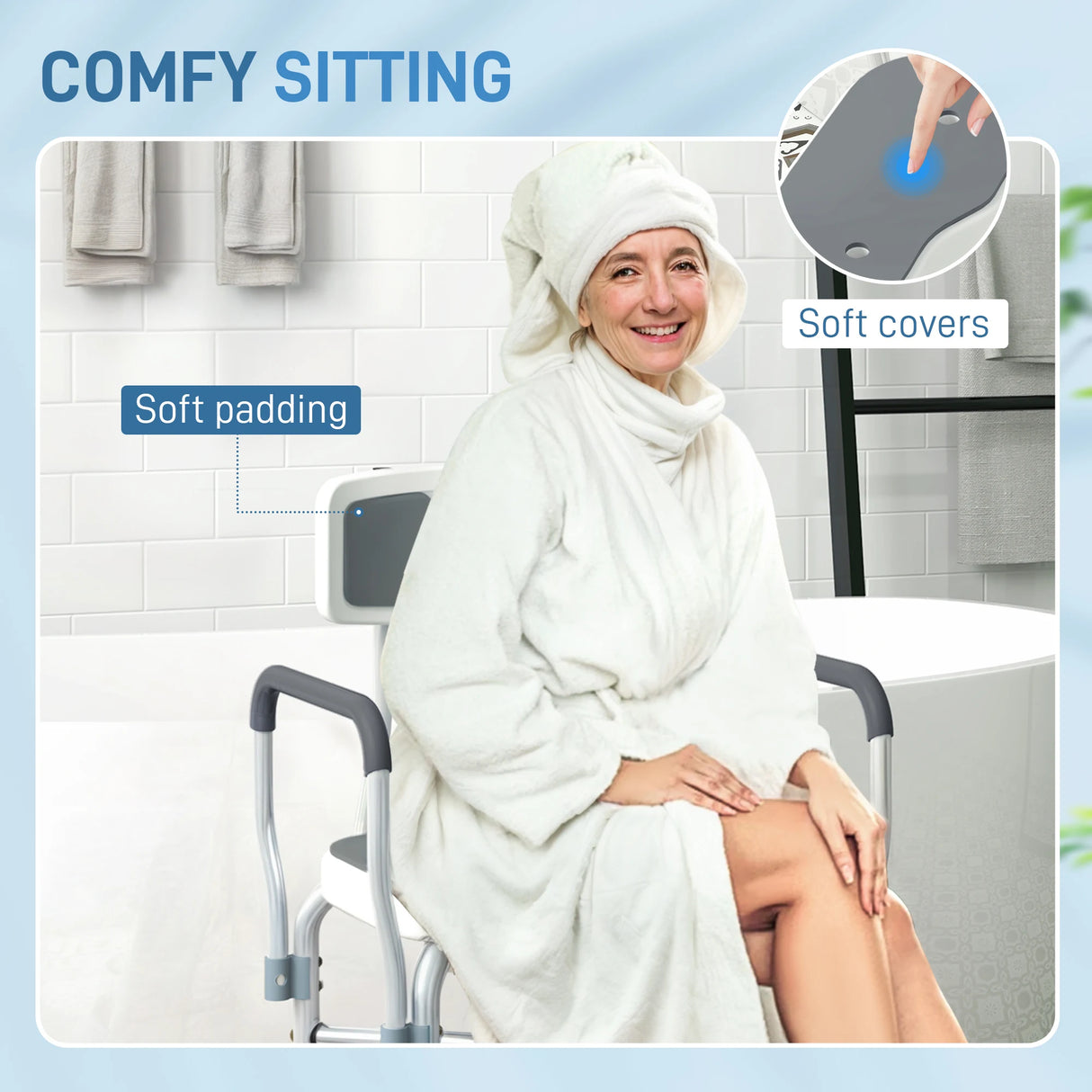 HOMCOM Shower Chair with Hygiene Cut-Out Seat and Reinforced Crossbars, Height Adjustable Padded Bath Chair with Non-slip Feet for Elderly Seniors Disabled Handicap, Tool-Free Assembly, Grey