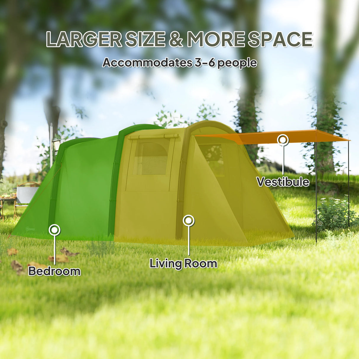 Outsunny Inflatable 3-4 Man Tunnel Tent w/ Air Pump, Living Area & Vestibule, Waterproof Family Camping Air Tent w/ Sewn In Groundsheet & Removable Footprint for Camping, Hiking, Olive Green