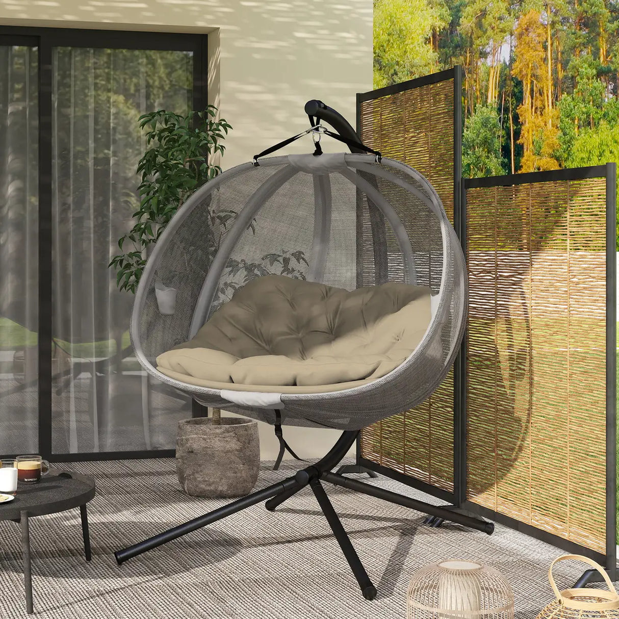 Outsunny Double Hanging Egg Chair 2 Seaters Texteline Swing Hammock Chair with Stand, Cushion and Folding Design, for Indoor and Outdoor, Brown