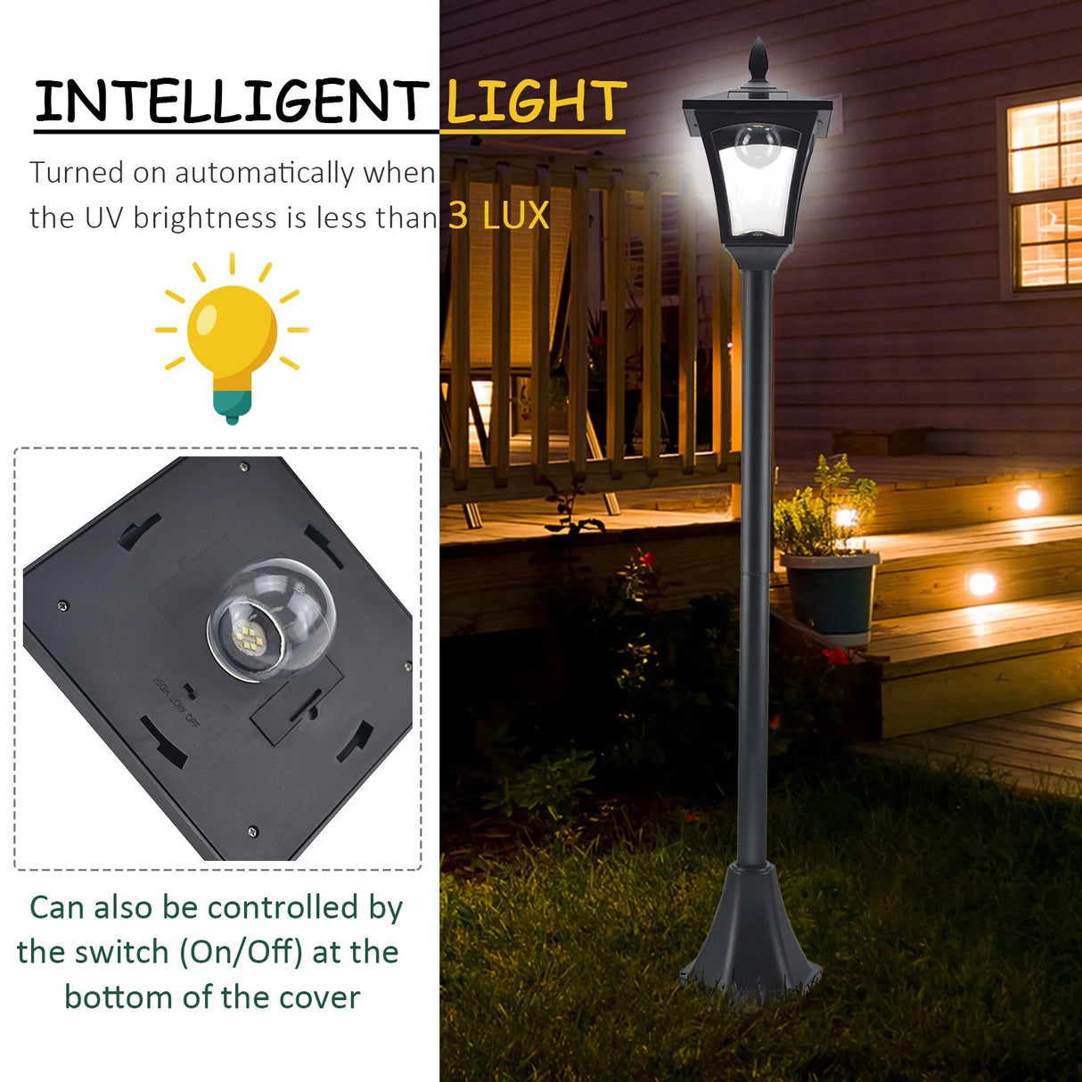 Outsunny 2 Pieces Outdoor Garden Solar Post Lamp Sensor Dimmable LED Lantern Bollard Pathway 1.6M Tall Black