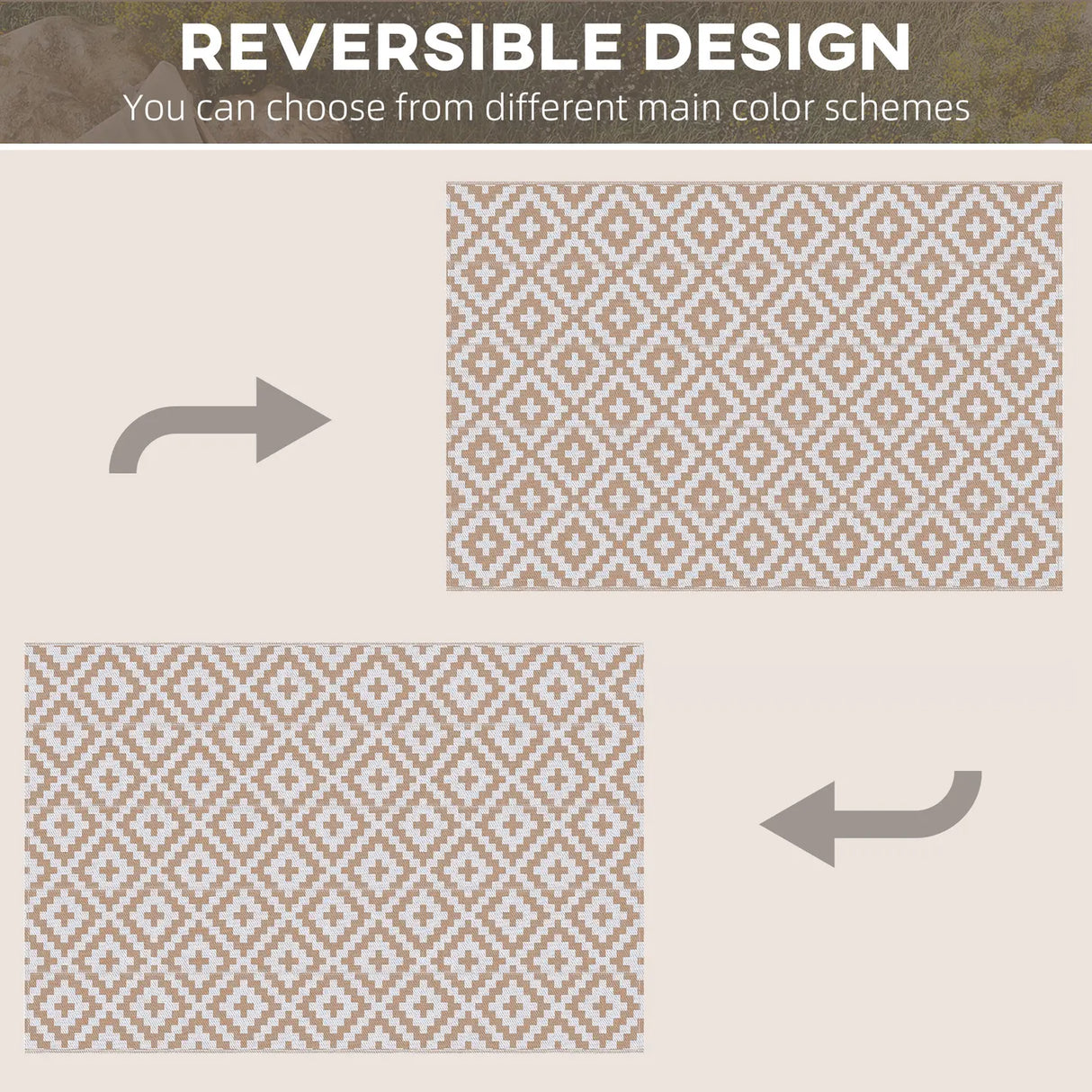 Outsunny Reversible Outdoor RV Rug, Patio Floor Mat, 274 x 182 cm Plastic Straw Rug for Garden, terrace, Beach, Camping, Coffee & White