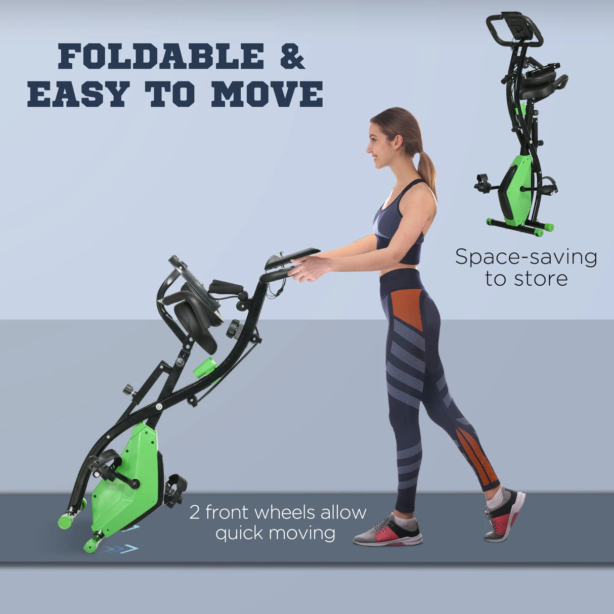 HOMCOM 2-in-1 Folding Exercise Bike with 8-Level Magnetic Resistance, Arm Resistance Band, Pulse Sensor, Green