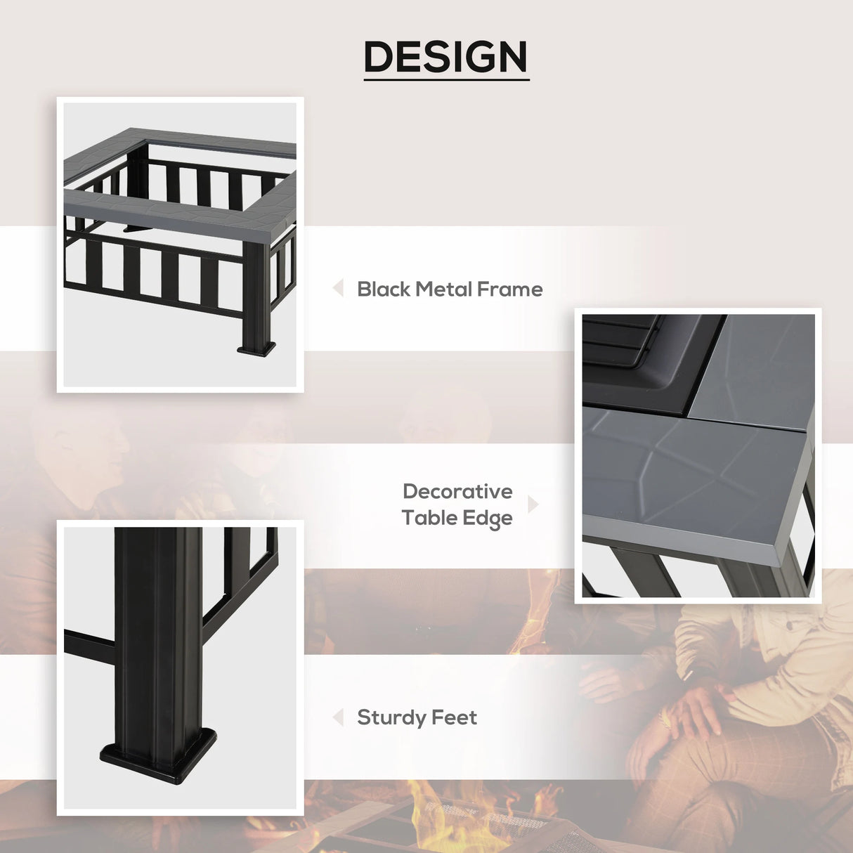 Outsunny Metal Large Firepit Outdoor Square Fire Pit Brazier with Rain Cover, Lid, Log Grate, Poker for Backyard, Camping, BBQ, Bonfire, Wood Burning Stove, 86 x 86 x 54cm, Black