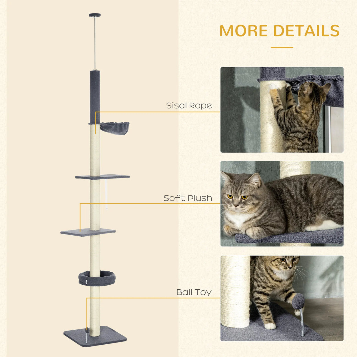 PawHut 240-270cm Floor-To-Ceiling Cat Tree, 5 Tier Cat Climbing Tower, with Bed, Hammock, Platforms, Dark Grey and Cream