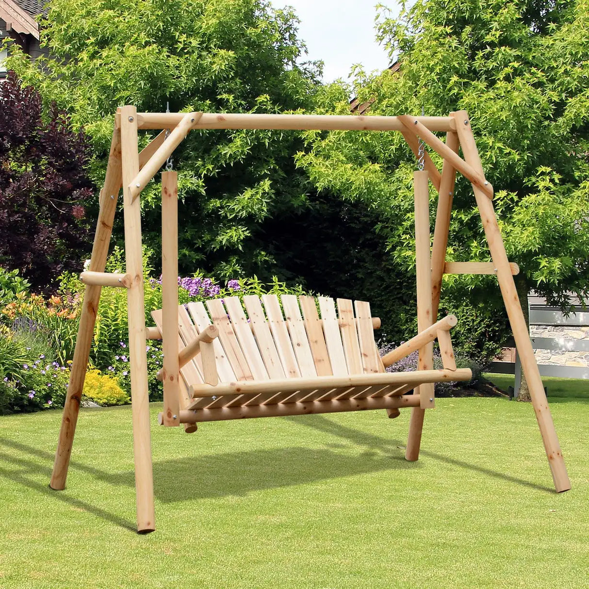 Outsunny Outdoor 2 Seater Swing Chair Larch Wood Garden Swing Seat Porch Hammock Bench Lounger