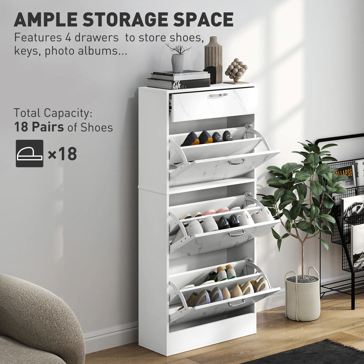HOMCOM Marble Shoe Storage Cabinet with 3 Flip Drawers, Hallway Cabinet with Top Drawer and Adjustable Shelves, Shoe Cupboard for 18 Pairs, White