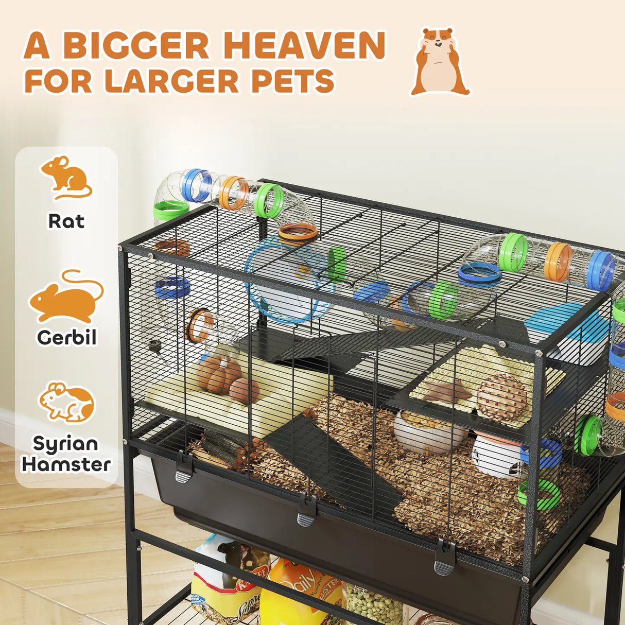 PawHut 3 Tier Large Hamster Cage on Wheels with 17 cm Deep Tray, Storage Shelf for Syrian, Gerbil, Rats