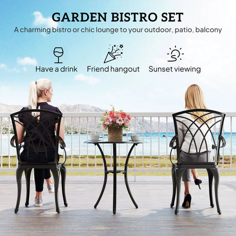 Outsunny 3 Pieces Garden Dining Set for 2, Cast Aluminium Outdoor Dining Set with 2 Armchairs and Round Dining Table with Parasol Hole, Garden Furniture Set, Brown