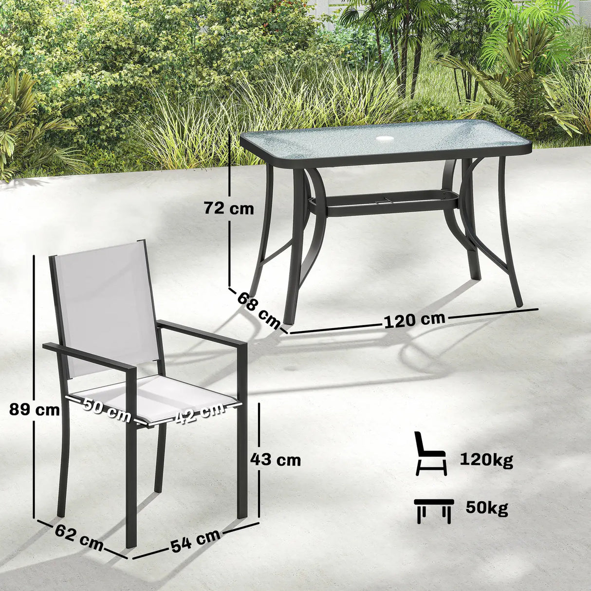 Outsunny Garden Dining Set for 4 with Umbrella Hole, Stackable Chairs and Rectangular Glass-Top Outdoor Table, Light Grey