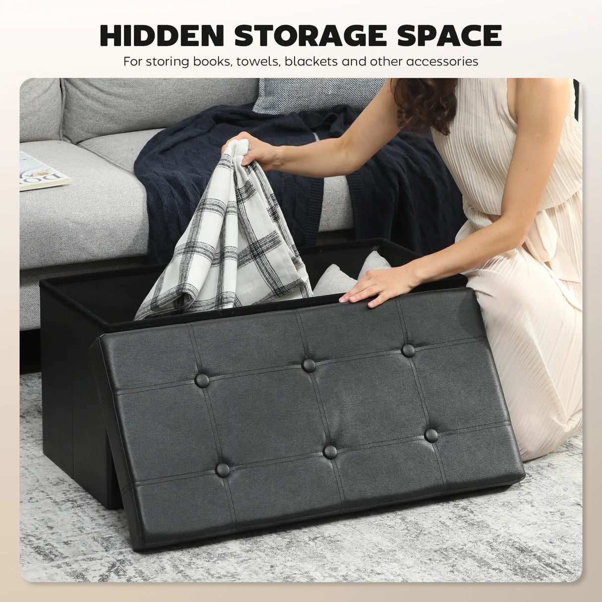 HOMCOM Storage Ottoman Bench, 89L PU Leather Folding Foot Rest Stool, End of Bed Bench, Easy Assembly, for Living Room, Bedroom, Entryway, Black