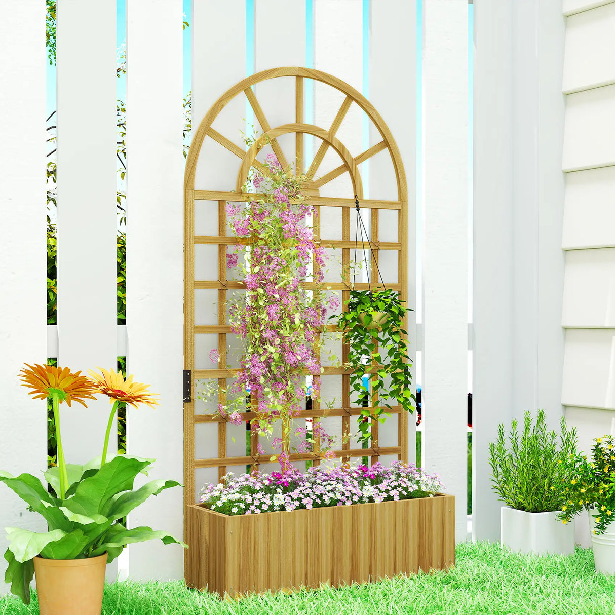 Outsunny Wooden Raised Planter with Trellis, Raised Bed for Garden with Lattice and Drainage Holes for Climbing Plants