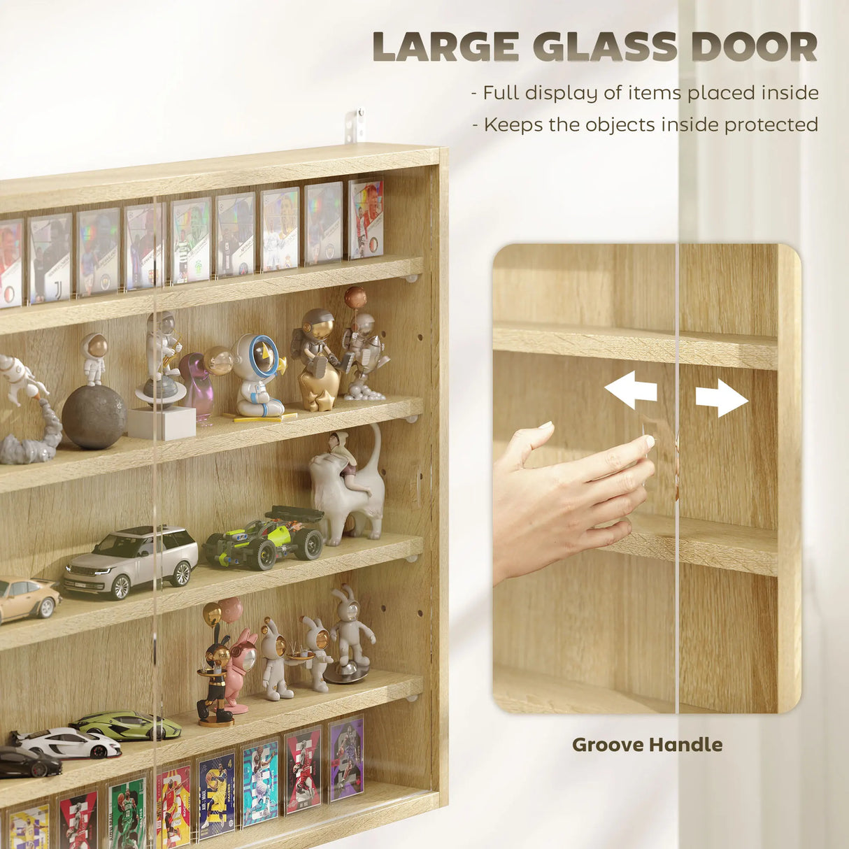 HOMCOM 5-Tier Wall Display Shelf Unit Cabinet w/ 4 Adjustable Shelves Glass Doors Home Office Ornaments 60x80cm Oak