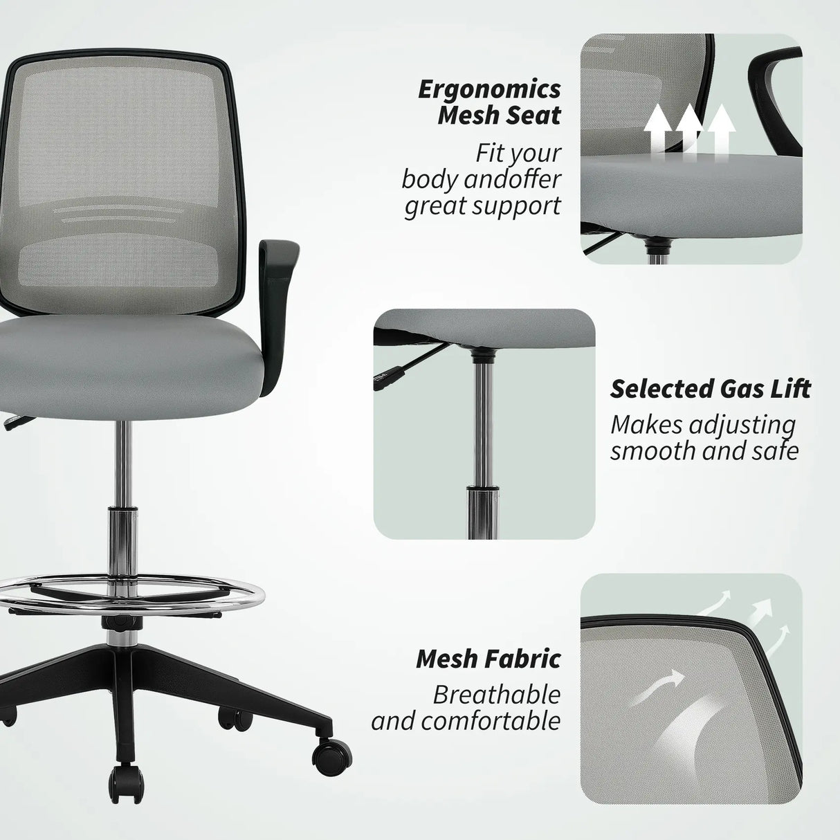 Vinsetto 100-120cm Draughtsman Office Chair, with Footrest - Light Grey