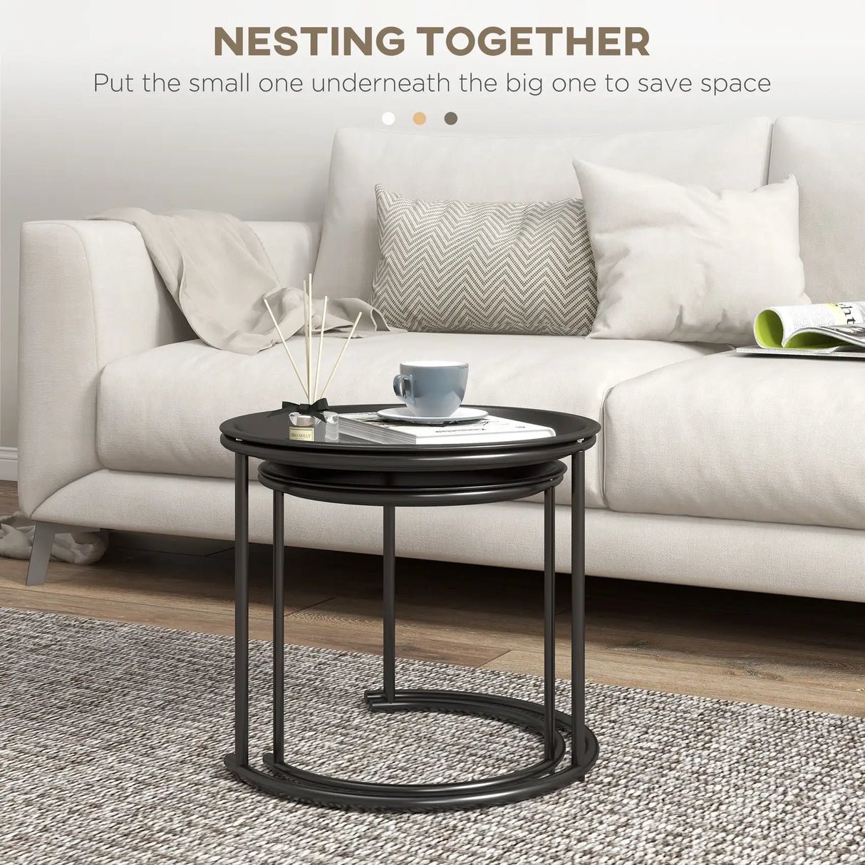 HOMCOM Nesting Tables Set of 2, Side End Table with Removable Tabletop Tray and Steel Frame for Living Room, Bedroom, Black