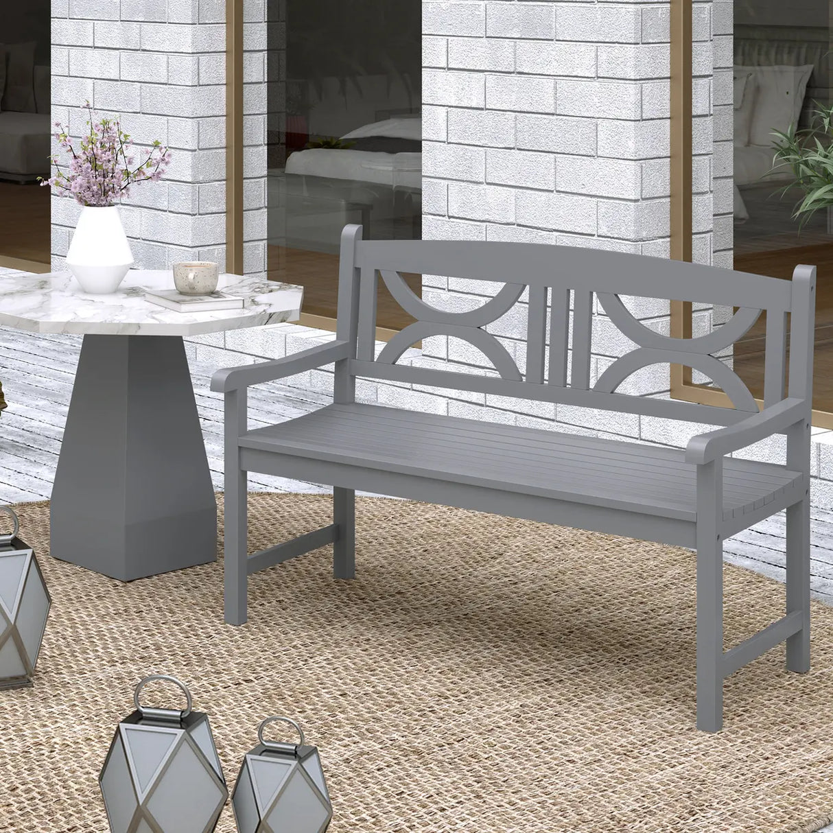 Outsunny 2-Seater Wooden Garden Bench Outdoor Patio Loveseat for Porch, Grey