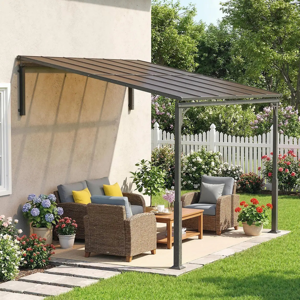 Outsunny 3.4 x 3 m Metal Lean-to Pergola, Wall-Mounted Garden Pergola with Polycarbonate Roof and Metal-Aluminium Frame, Heavy Duty Hardtop Gazebo for Outdoor Patios, BBQ, Brown
