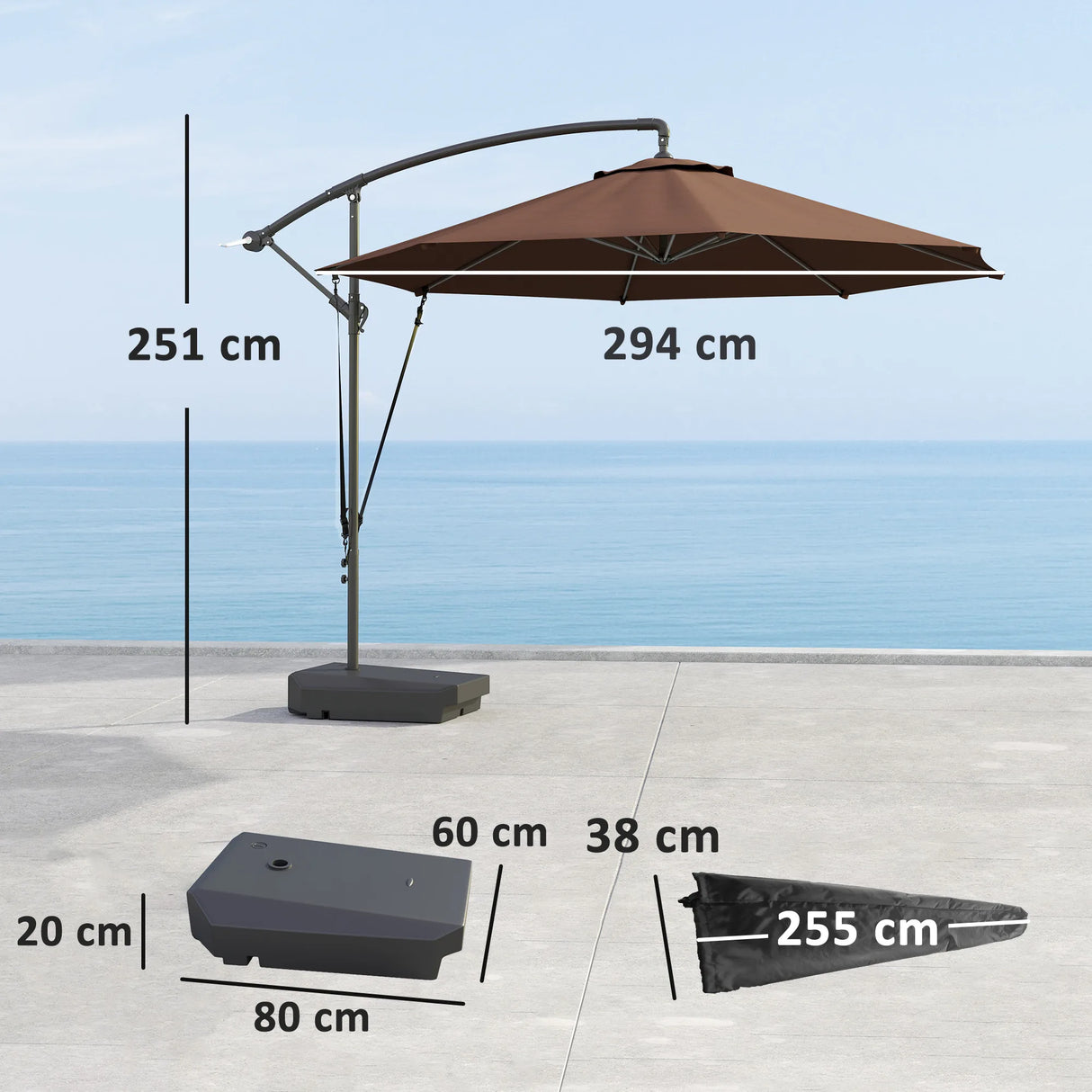Outsunny 3(m) Garden Cantilever Parasol with Fillable Base up to 90kg, Wind Protection Strap, Cover, Round Banana Hanging Umbrella with Crank Handle and Tilt, UPF50+ Patio Umbrella, Brown