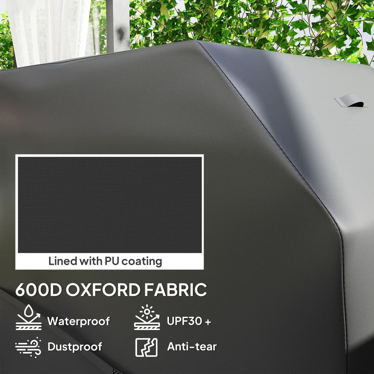 Outsunny BBQ Cover for Rectangular Gas Grill, 600D UPF30+ Oxford Fabric Barbecue Cover for Waterproof Protection Rip-Proof, with Windproof Hook and Loop Fasteners, Vents, 147 x 61 x 122 cm, Black