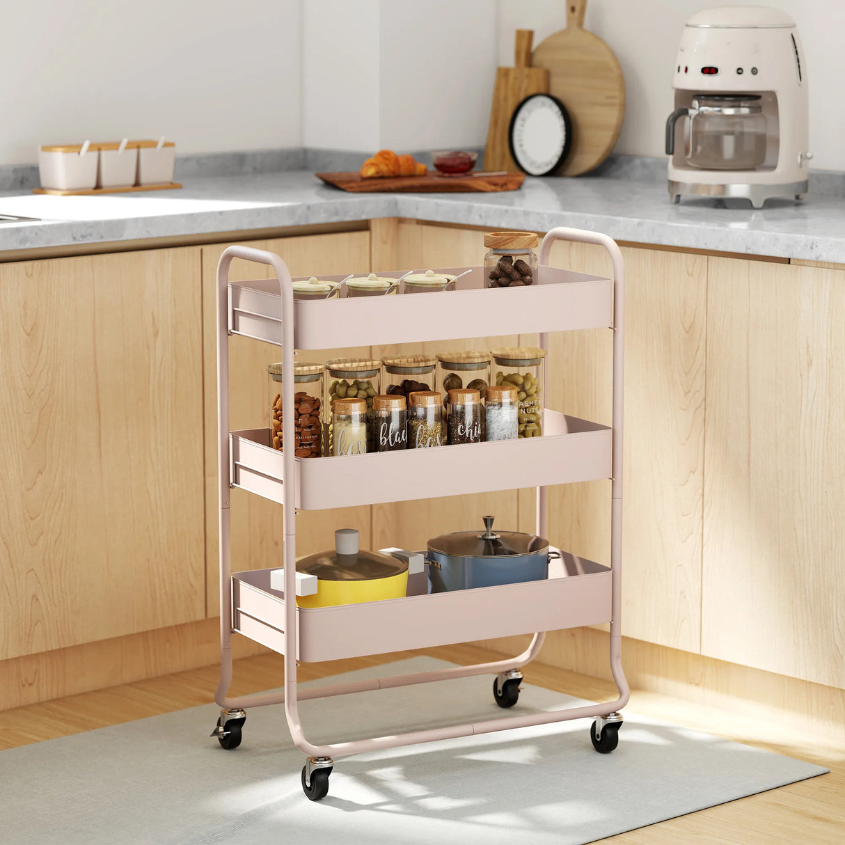 HOMCOM 3-Tier Storage Trolley on Wheels, Rolling Utility Cart with Mesh Backets for Kitchen, Bathroom, Bedroom, Light Pink