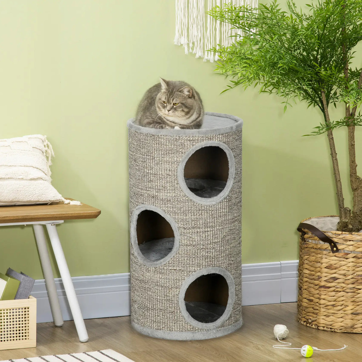 PawHut Cat Climbing Frame, Covered with Sisal, Cosy Platform - Light Grey