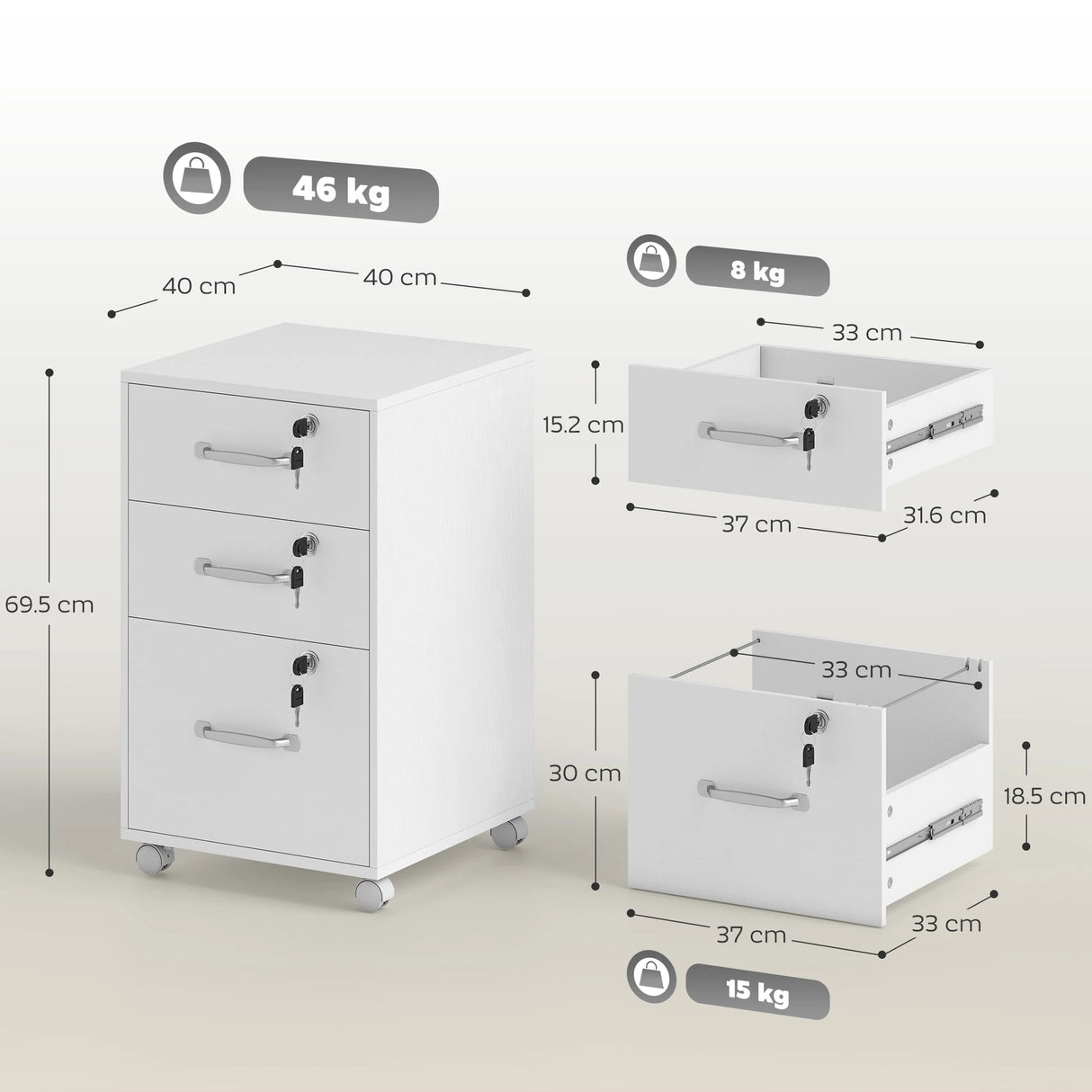 HOMCOM Three Drawer Wood-Effect Filing Cabinet - White