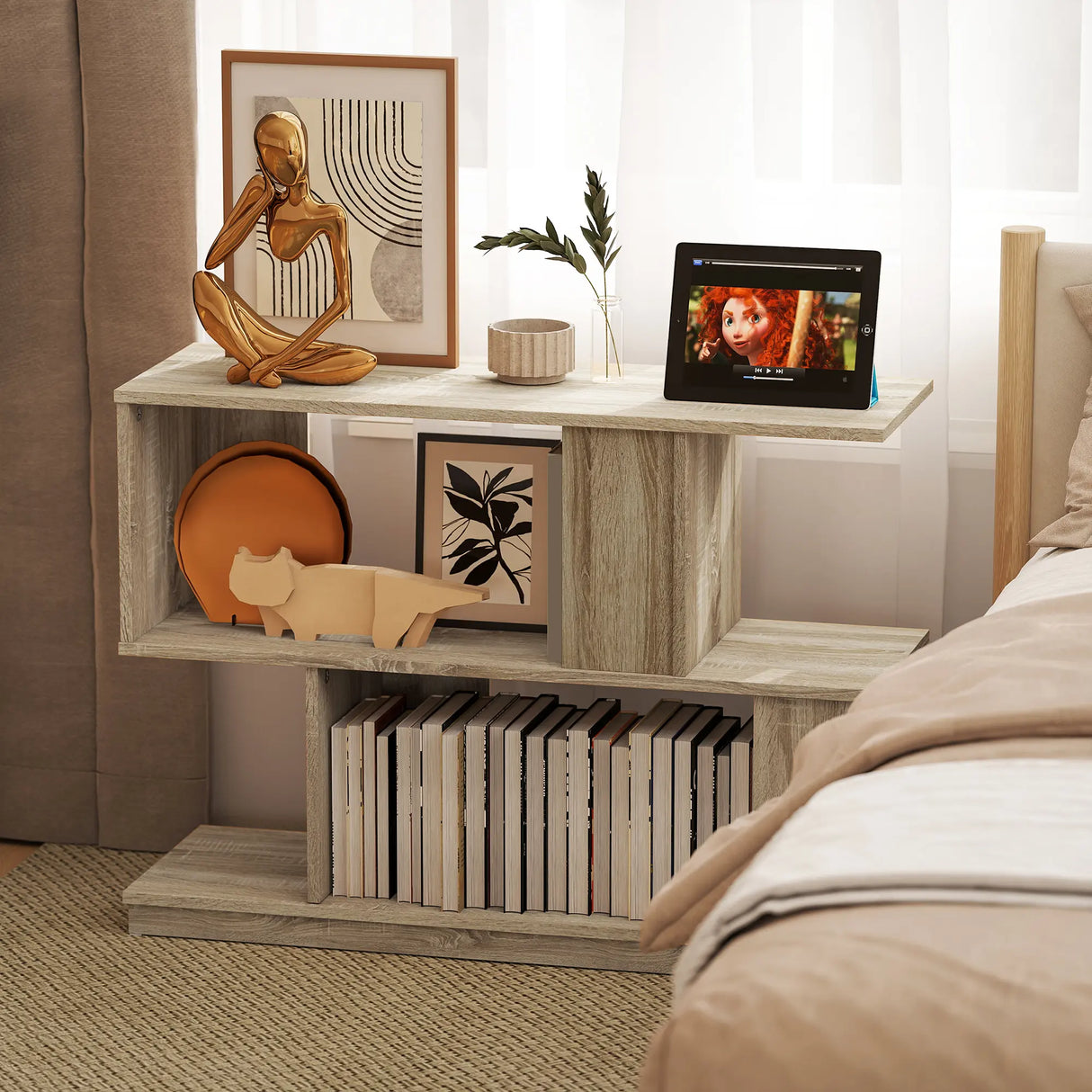 HOMCOM S-Shaped Side Table - Natural Wood Finish