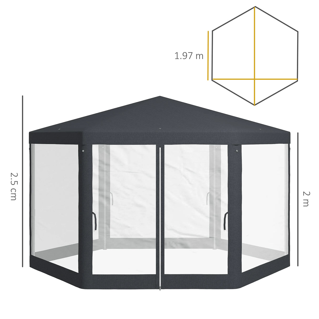 Outsunny 4M Hexagon Gazebo, Netting Party Tent, Patio Canopy Outdoor Event Shelter for Activities, Shade Resistant, Dark Grey