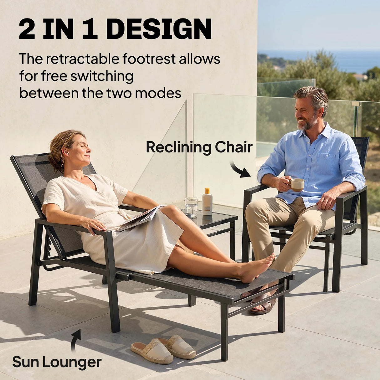 Outsunny Sun Lounger Retracable Footrest 5-Position Adjustable Steel Frame for Beach, Porch, Patio, Camping, Dark Grey