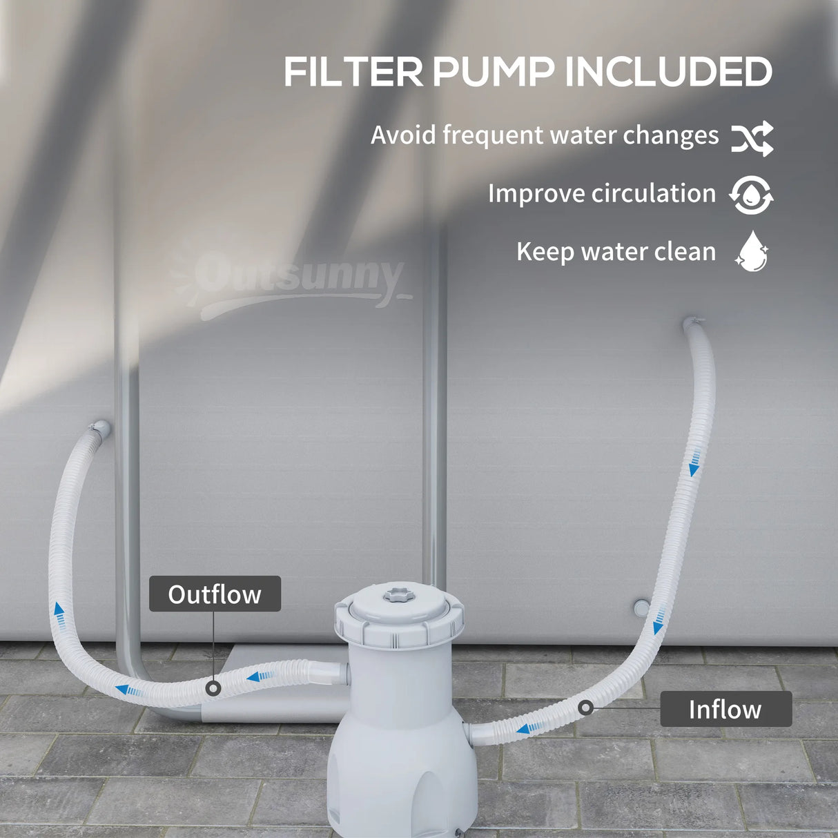 Outsunny Rectangle Steel Frame Swimming Pool with Ladder and Pump - Grey