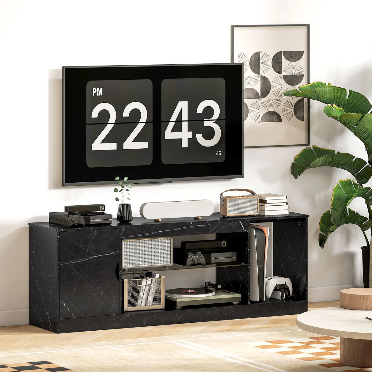 HOMCOM TV Stand Cabinet, Marble Effect TV Unit for up to 55" TVs with Glass Shelf and Storage Cabinet, Entertainment Unit for Living Room, Bedroom, Black