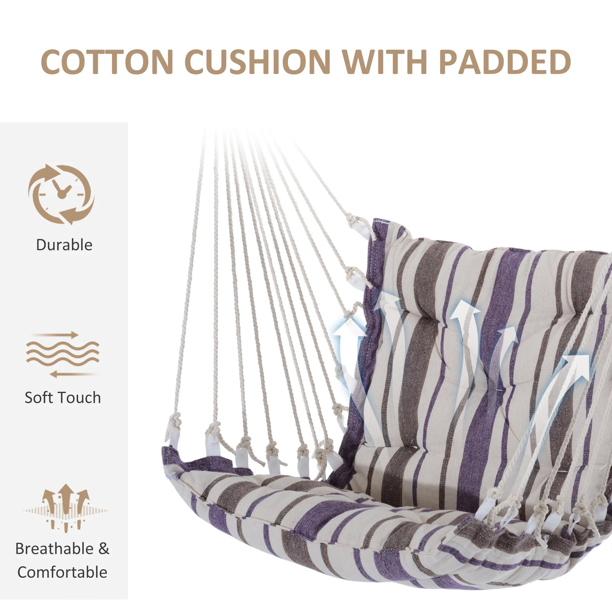 Outsunny Outdoor Hanging Rope Chair with Soft Padded Seat & Backrest, Garden Hammock Chair with Wooden Support Bar Cotton Cloth, Portable Garden Chair for Patio & Tree, Brown