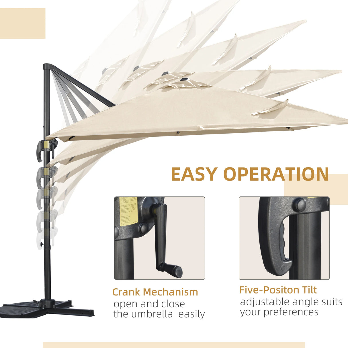 Outsunny 2.7 x 2.7 m Cantilever Parasol, Square Overhanging Umbrella with Cross Base, Crank Handle, Tilt, 360 Rotation and Aluminium Frame, Cream White