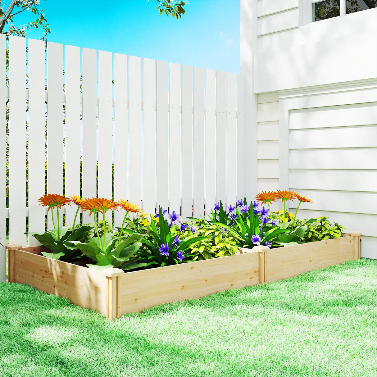 Outsunny Raised Garden Bed, Wooden Planter Box with Divider and Open Bottom for Flowers, Herbs, Vegetables, DIY Painting