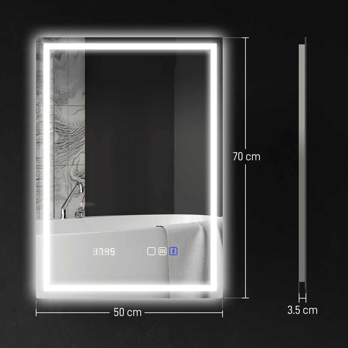 HOMCOM 50 x 70 cm Anti-Fog LED Bathroom Mirror, with Bluetooth and Clock - Silver Tone