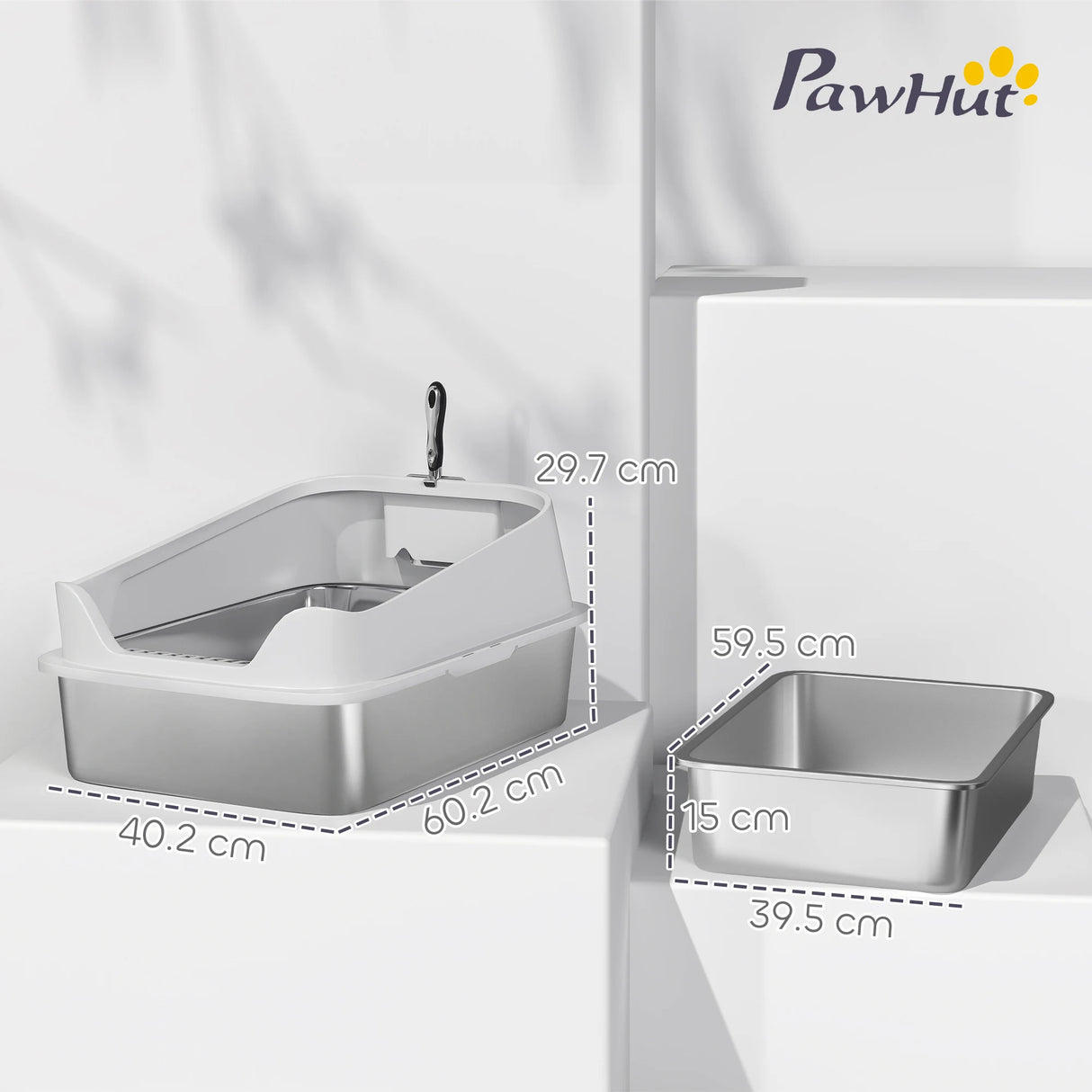 PawHut XL Stainless Steel Cat Litter Box with High Sides, Metal Scoop, 60 x 40 x 30 cm