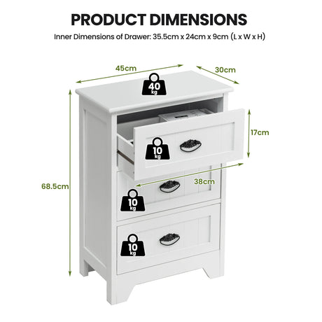 3-Drawer Vintage Bedside Table with Metal Handles & Anti-toppling Device-White
