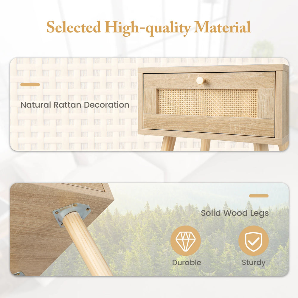 Boho Bedside Table with Hand-woven Rattan Decoration-Natural