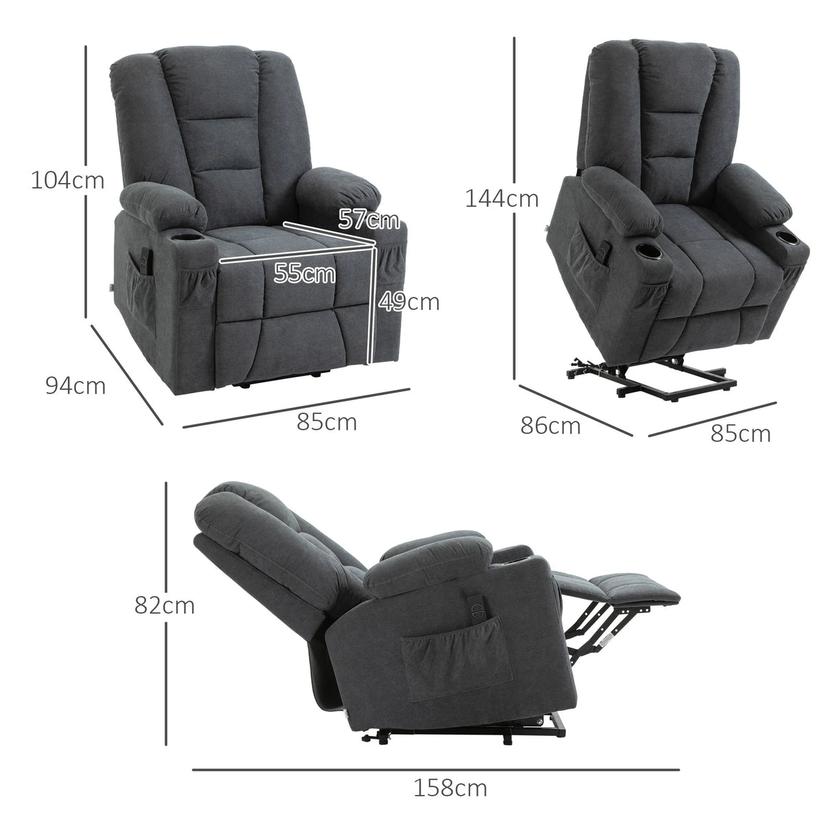 HOMCOM Electric Riser Recliner Armchair14 Oversized Chair with Cup Holder & Side Pockets for Elderly in Living Room, Charcoal Grey