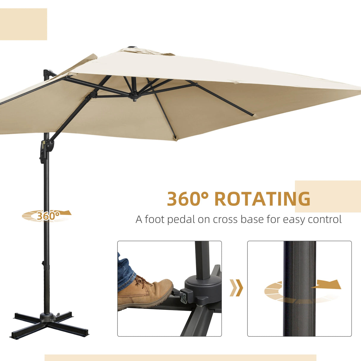Outsunny 2.7 x 2.7 m Cantilever Parasol, Square Overhanging Umbrella with Cross Base, Crank Handle, Tilt, 360 Rotation and Aluminium Frame, Cream White